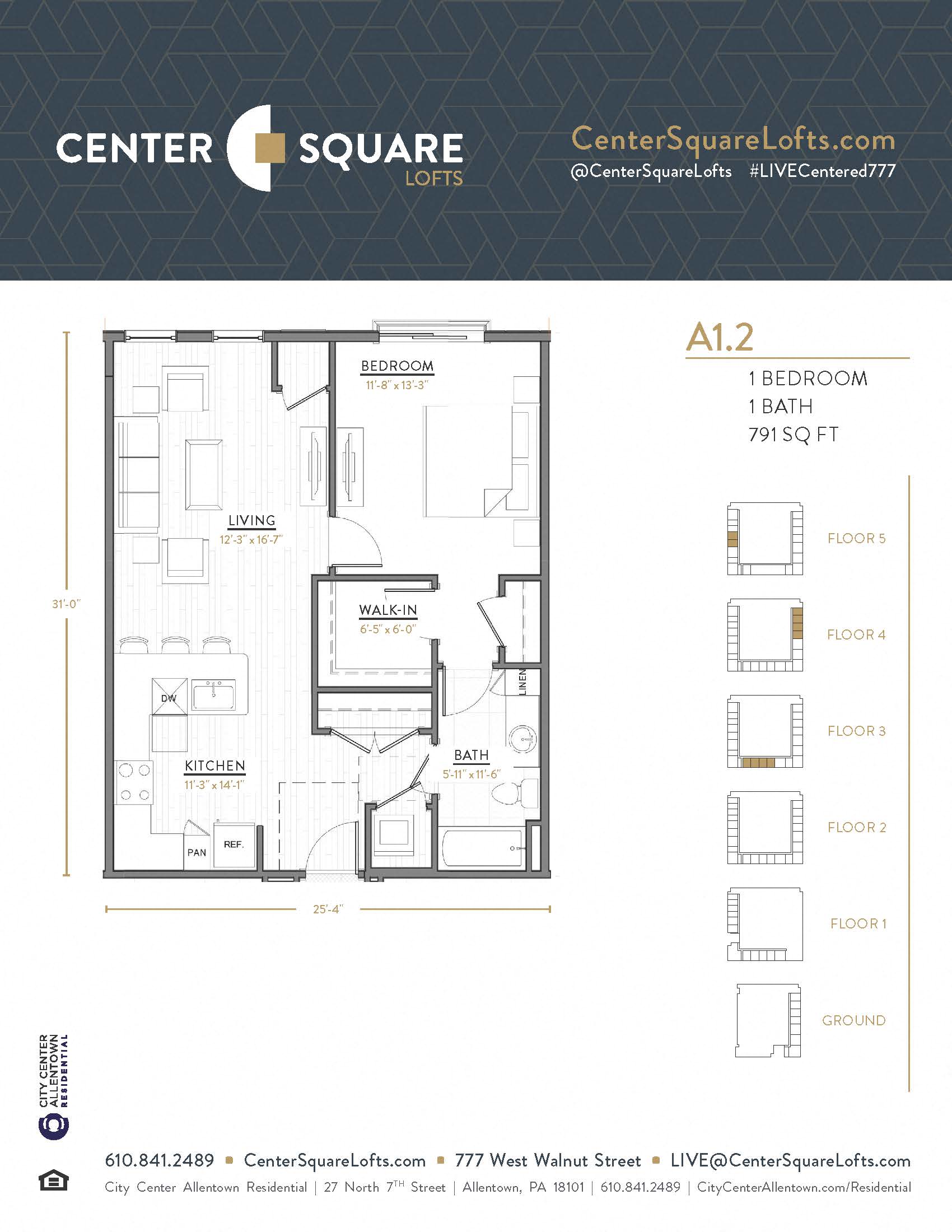 Floor plan for 1 bed, 1 bath, 791 sqft